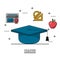 White background poster of education with graduation cap in closeup and icons of diploma and geometric rulers and apple