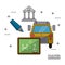 White background poster of education with icons of parthenon and marker and school bus and blackboard