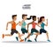 White background of poster keep running with male and female team of athletes