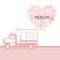 White background with red color sections of silhouette ambulance car and heart shape with elements health