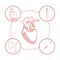 White background with red color sections of silhouette heart organ with circular frame elements health