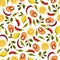 White background seamless pattern. Delicious print. Red fish, lemon, chili peppers, herbs