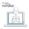 White background with silhouette color sections shading of human robot leaving to laptop and text welcome to the future