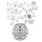 White background with sketch contour brain human with elements academic knowledge floating