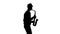 White background in studio. Silhouette jazzman performs solo on saxophone
