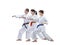 On a white background three adult athletes are beating punch arm isolated