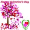 On a white background, a tree with pink and red hearts. Below are two hearts in the form of a growing flower.