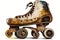 White background with a used, vintage roller skate in various stages of wear and use
