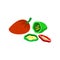 On a white background, a vector illustration of colorful peppers. Green and red peppers, cut