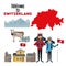 White background of welcome to switzerland with traditional elements of country and skiers people