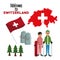 White background of welcome to switzerland with traditional elements and skiers people