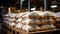 White bag rice or grits storage barn, Close-up of a warehouse with bulk