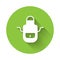 White Barber apron icon isolated with long shadow. Apron of a hairdresser with pockets. Green circle button. Vector