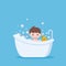 White bathtub in bathrooms with a smiling boy. Vintage bath and soap foam bubbles on blue background, illustration