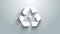 White Battery with recycle symbol line icon isolated on grey background. Battery with recycling symbol - renewable