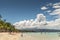 White beach sand, palm trees and Malay Island, Balabag, Boracay, Philippines