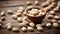 White beans in a spoon on a wooden background.