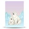 White bear with baby cub. Sit on the snow among the mountains of ice. Vector print card design