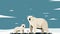 The white bear and her cub bear walks through the snow