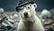 A white bear wearing glasses and a hat in the middle of a pile of plastic waste. Generative AI