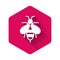 White Bee icon isolated with long shadow. Sweet natural food. Honeybee or apis with wings symbol. Flying insect. Pink