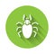 White Beetle deer icon isolated with long shadow. Horned beetle. Big insect. Green circle button. Vector