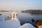 White belfries Santorini island, Greece