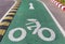 white bicycle lane sign on green asphalt road