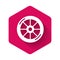 White Bicycle wheel icon isolated with long shadow. Bike race. Extreme sport. Sport equipment. Pink hexagon button