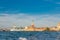 White big cruise ship sailing in San Marco basin waterway of Venetian Lagoon