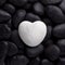 White big heart pebble, stone, rock laid on pile of black nature pebbles, stones, rocks with text space. 