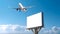white billboard with empty mockup against the background of a blue sky and a flying plane, generative ai