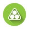 White Billiard balls in a rack triangle icon isolated with long shadow. Green circle button. Vector Illustration