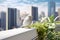 White bird on the roof of a modern house with eco-friendly rooftop gardens. Blue sky and a metropolis with skyscrapers on a