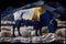 White bison in the plains landscape silk indigo blue and gold style. AI Generative