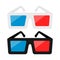 White and black 3d cinema glasses. Red and blue movie glasses.