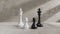 A white and black chess king and pawns side by side. 3d