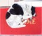 White and black dog with heart on the back sleeping on red carpet with word wellcome