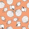 White and black sketch illustration of seashells on trendy Peach Pink color Panton 2019-2020 background. Seamless pattern