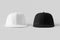 White and black snapback caps mockup on a grey background, front view