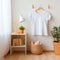 White blank baby t-shirt mockup in interior. Soft beige interior for baby.AI generation