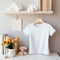 White blank baby t-shirt mockup in interior. Soft beige interior for baby.AI generation