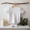 White blank baby t-shirt mockup in interior. Soft beige interior for baby.AI generation