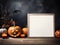 White blank copy space framed with halloween carved jack-o-lanterns pumpkins and candles on black foggy misty background