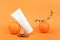 White blank cosmetic bottle, tube of cream, lotion for body, face or hand, orange fruit and green branch eucalypt. Concept