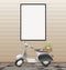 White blank frame on wall and scooter romantic retro concept