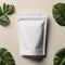 White Blank Mockup Doypack Packaging Standing on a Background With Green Leaves, Environment Background, White Doypack Template