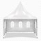 White blank pagoda canopy tent with back wall, side walls and clear windows vector mockup. Pop-up gazebo, folding event marquee