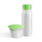 White blank plastic yogurt containers with green cover, product milk package. Vector template for mock up