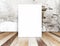 White Blank Poster in crack brick wall and tropical wooden floor